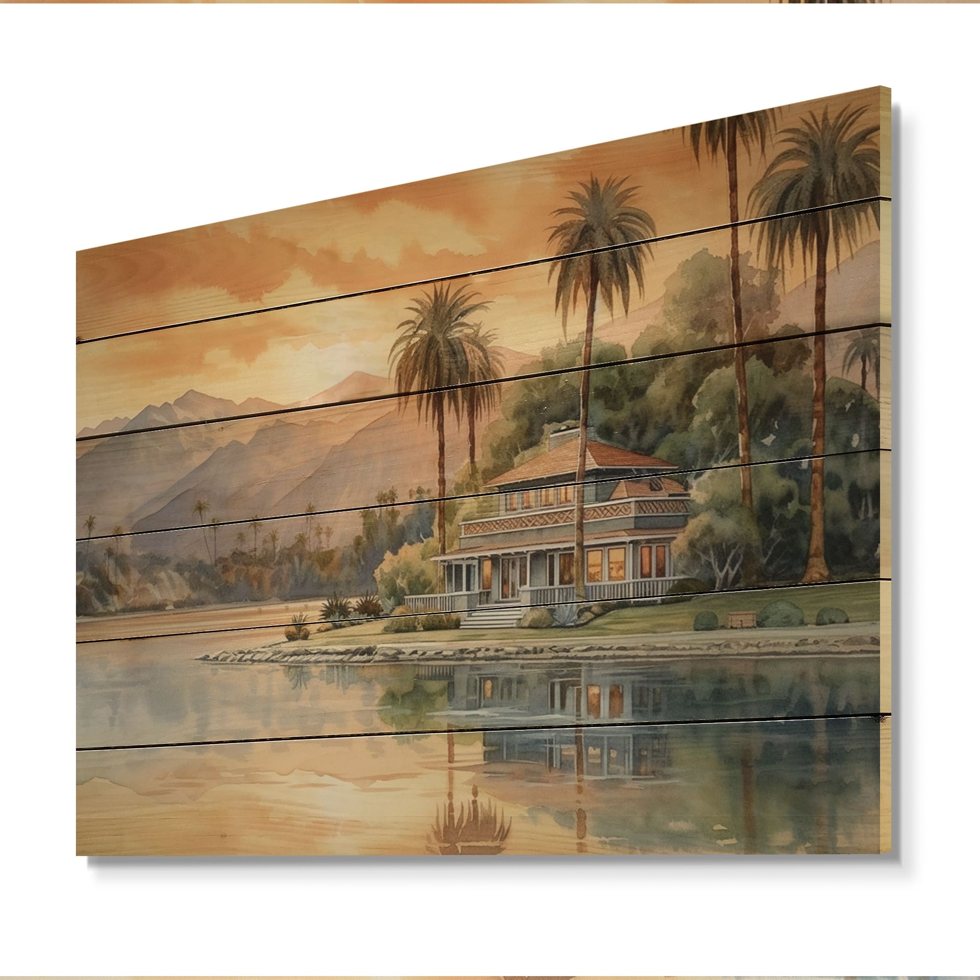 Designart "Drawing Of House By The Water At Sunset" Modern Landscape Beach Print on Natural Pine